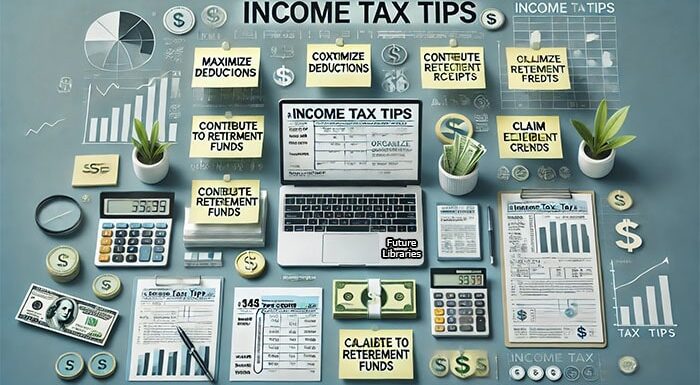 Income Tax Tips on Laptop with tax papers and tax documents