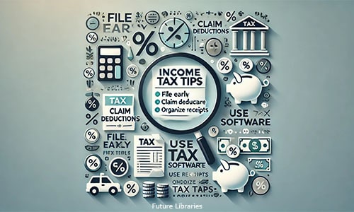 Income Tax Tips Magnifying Glass with tax documents and bank icons